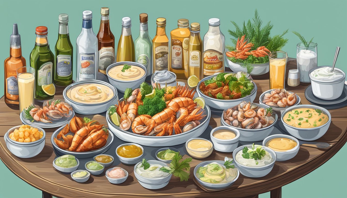 A table with bottles of cocktail and tartar sauce, surrounded by various seafood dishes and condiments