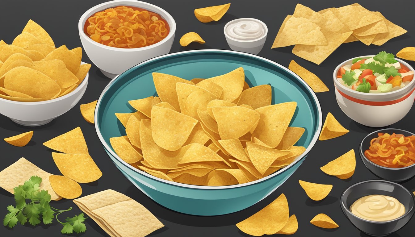 A table with a bowl of potato chips and a bowl of tortilla chips, surrounded by various cultural and flavor profile symbols