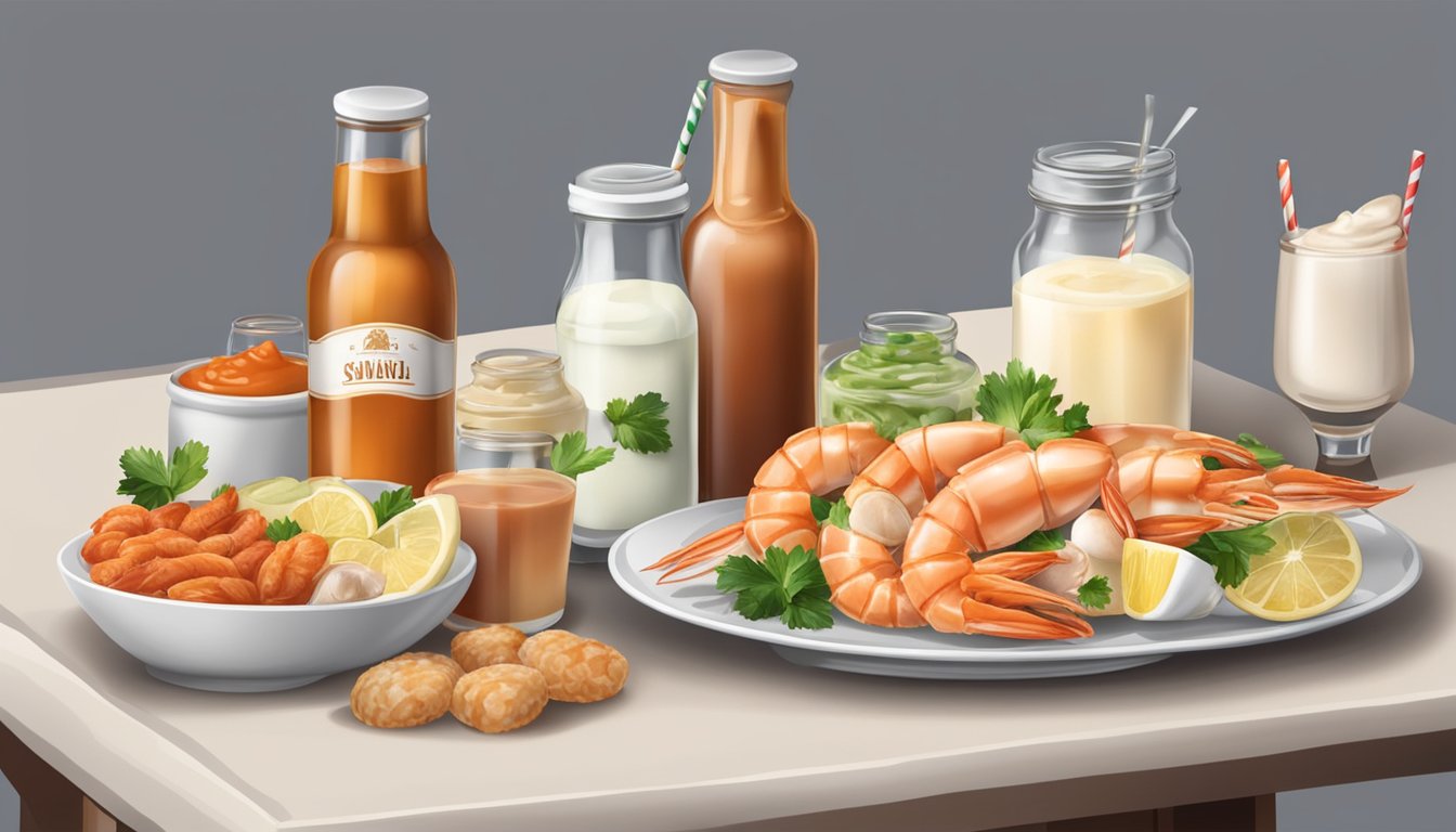 A table with a bottle of cocktail sauce and a jar of tartar sauce, surrounded by seafood and condiments