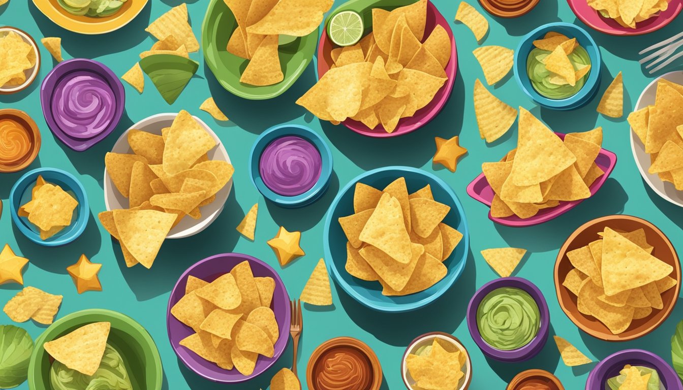 A table with a variety of packaged potato chips and tortilla chips displayed in colorful bowls, surrounded by party decorations and serving utensils