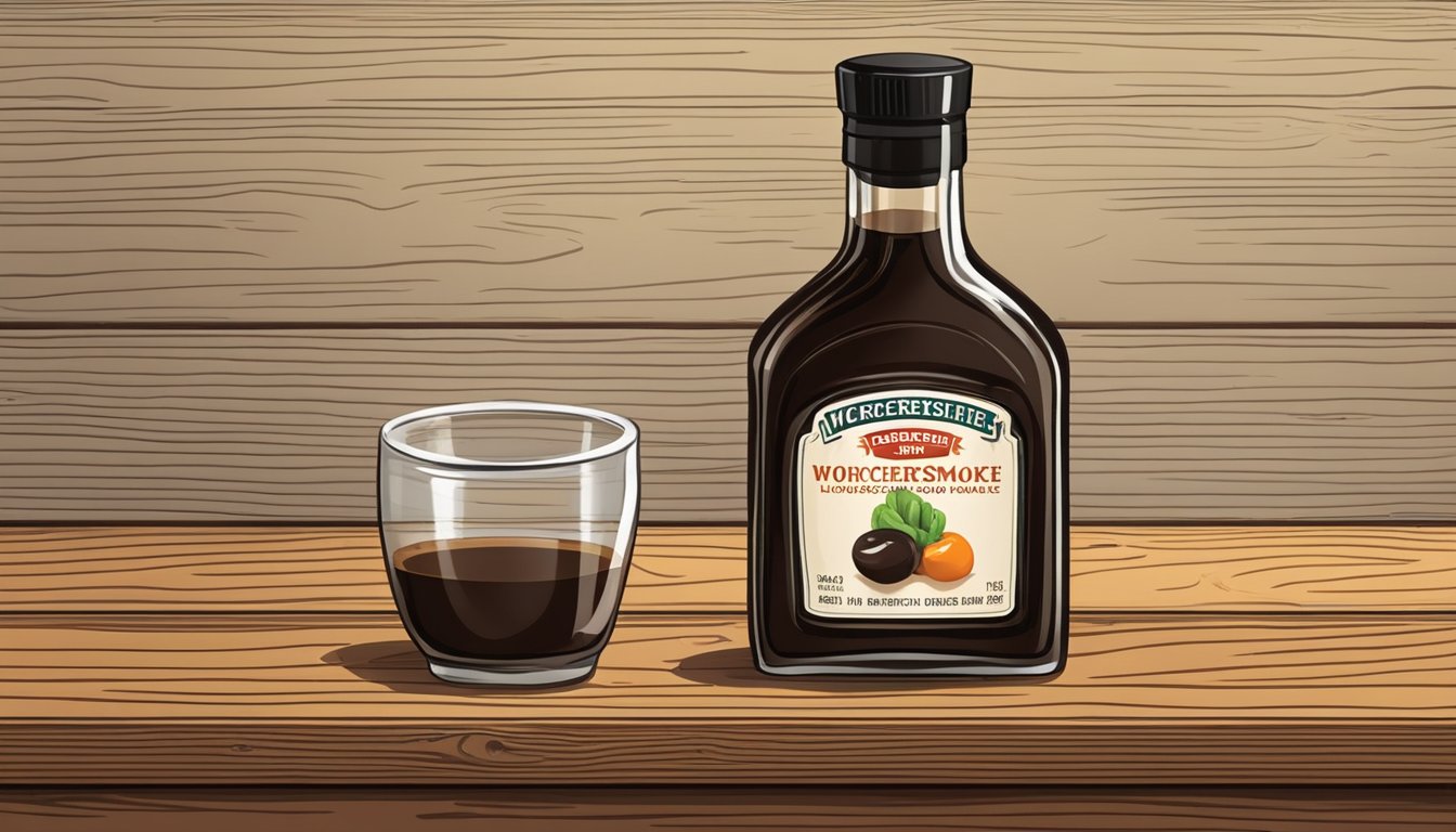 A bottle of Worcestershire sauce and a bottle of liquid smoke on a wooden table, with a few droplets of each sauce on a small dish for comparison