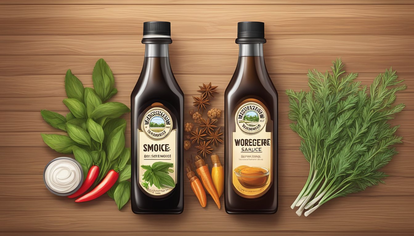 A bottle of Worcestershire sauce and a bottle of liquid smoke placed on a wooden table, surrounded by various herbs and spices