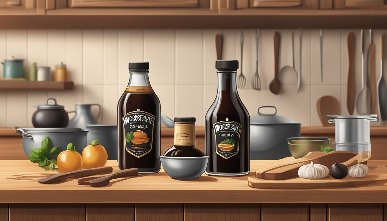 A bottle of Worcestershire sauce and a container of liquid smoke sit side by side on a wooden kitchen counter, surrounded by various cooking utensils and ingredients