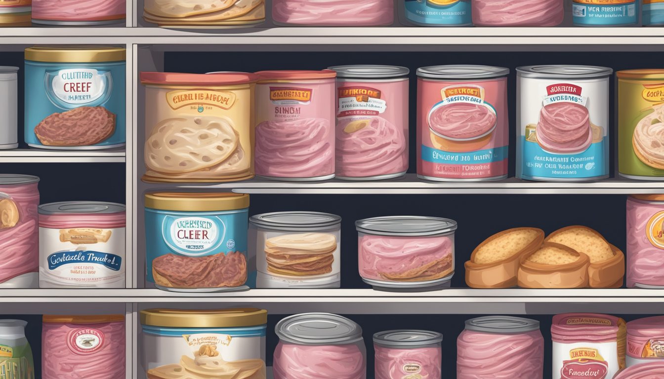 A cluttered pantry shelf filled with canned creamed chipped beef and deviled ham spread