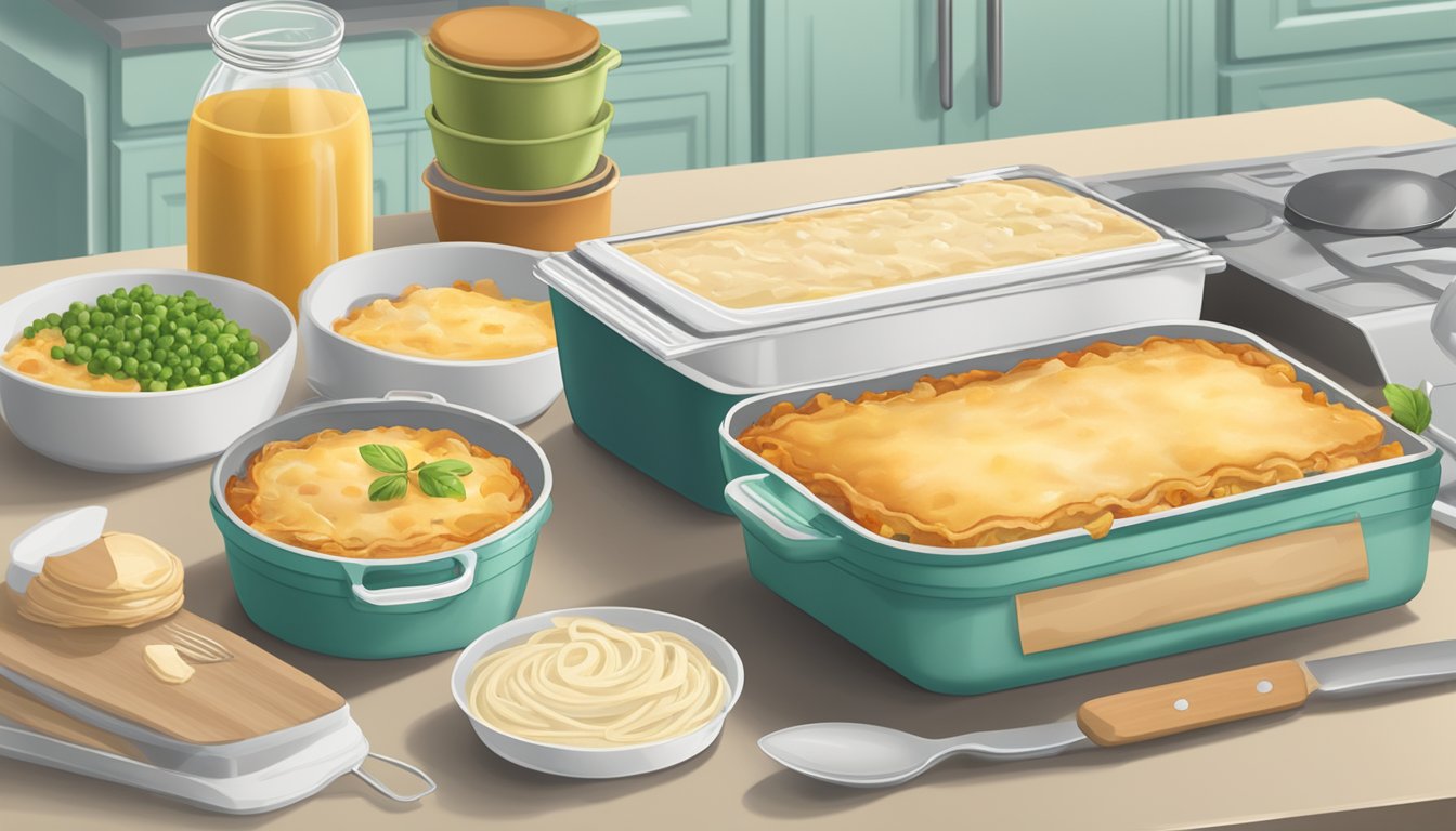 A frozen lasagna and chicken pot pie sit on a kitchen counter, surrounded by scattered utensils and empty packaging