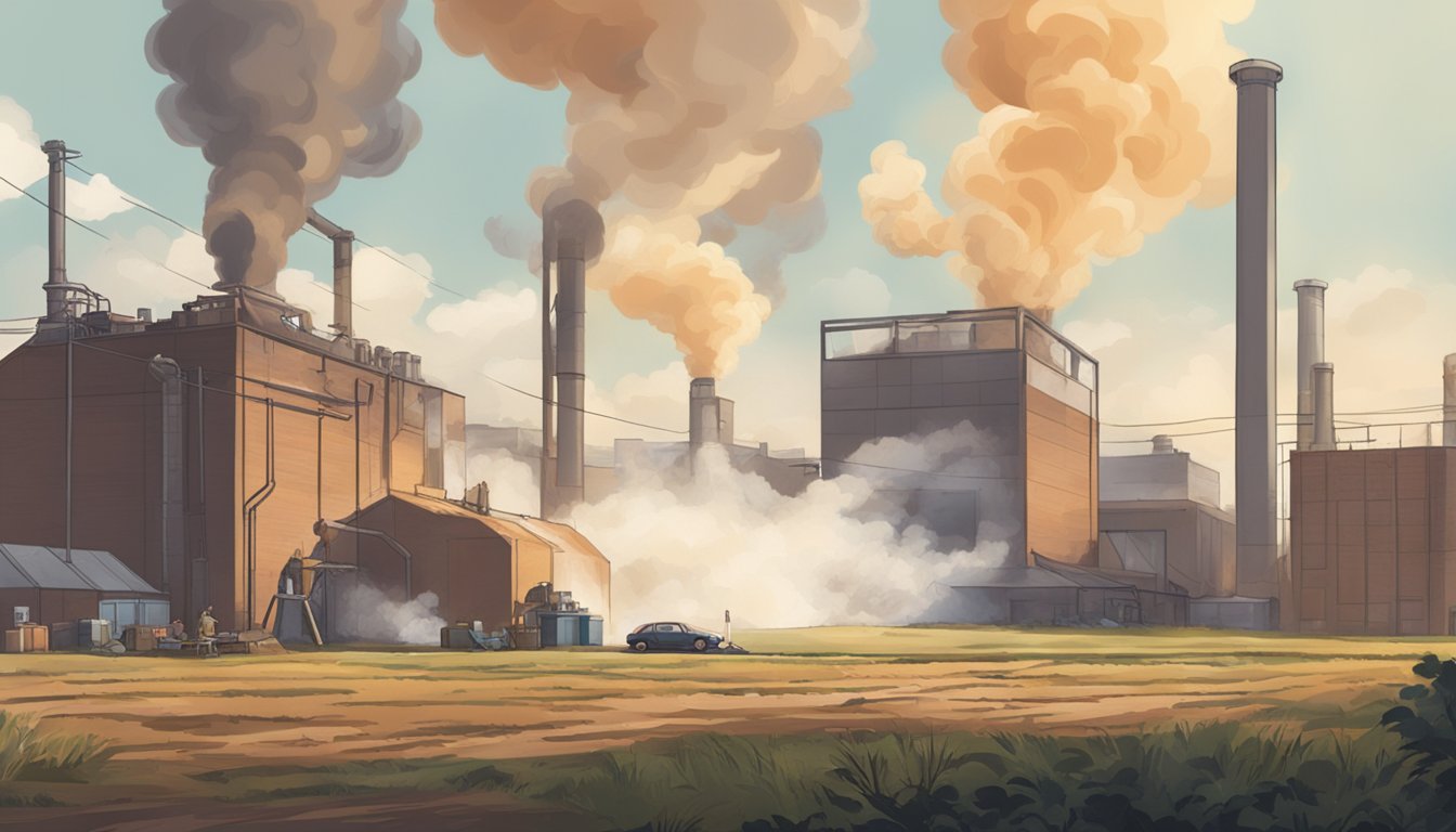 A factory spewing smoke into the air, while plastic bottles of Worcestershire sauce litter the ground