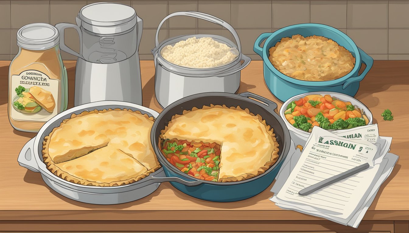 A steaming frozen lasagna sits next to a golden-brown chicken pot pie on a kitchen counter, surrounded by scattered nutrition labels and a measuring scale