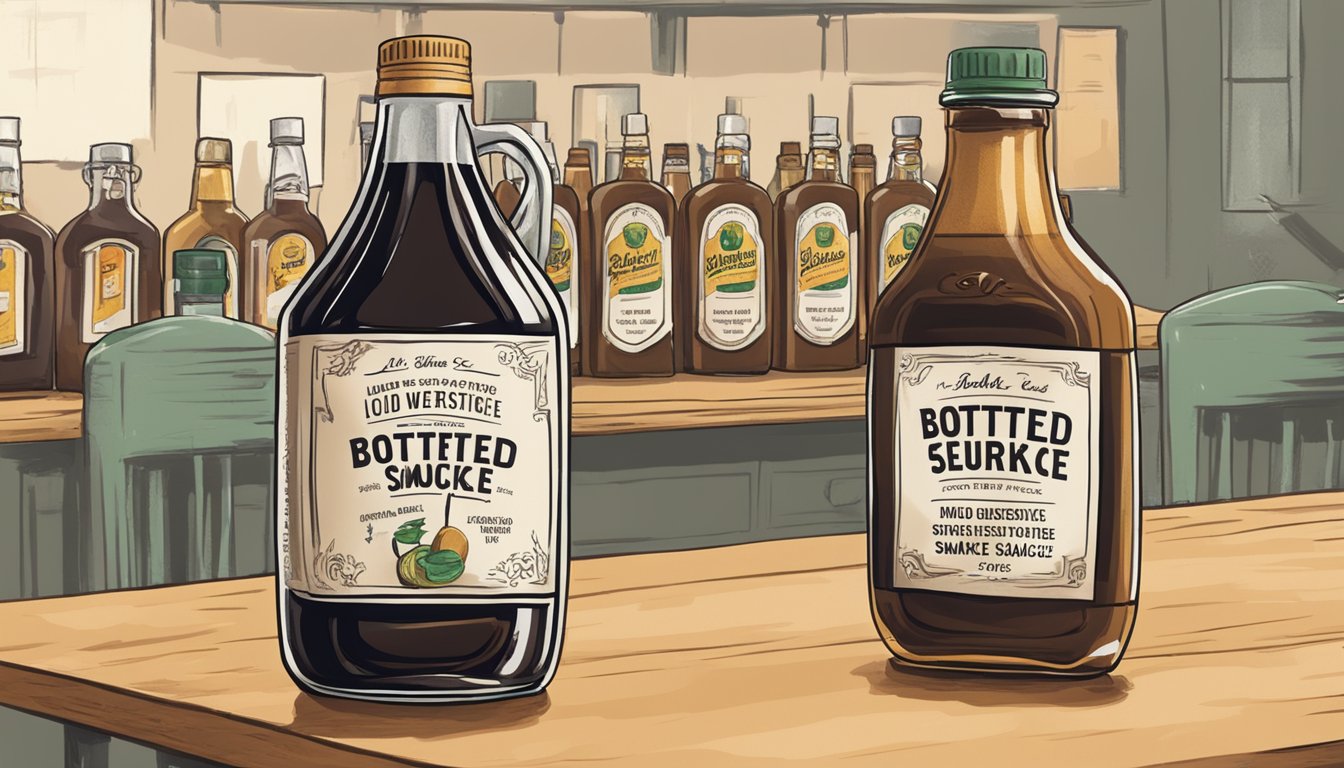 A table with two bottles, one labeled "Bottled Worcestershire sauce" and the other "Liquid smoke," with a question mark above them