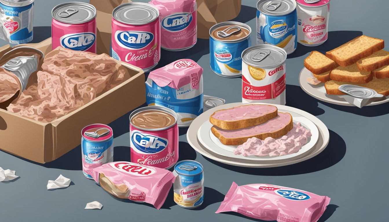 A table with open cans of creamed chipped beef and deviled ham spread, surrounded by discarded wrappers and empty soda cans