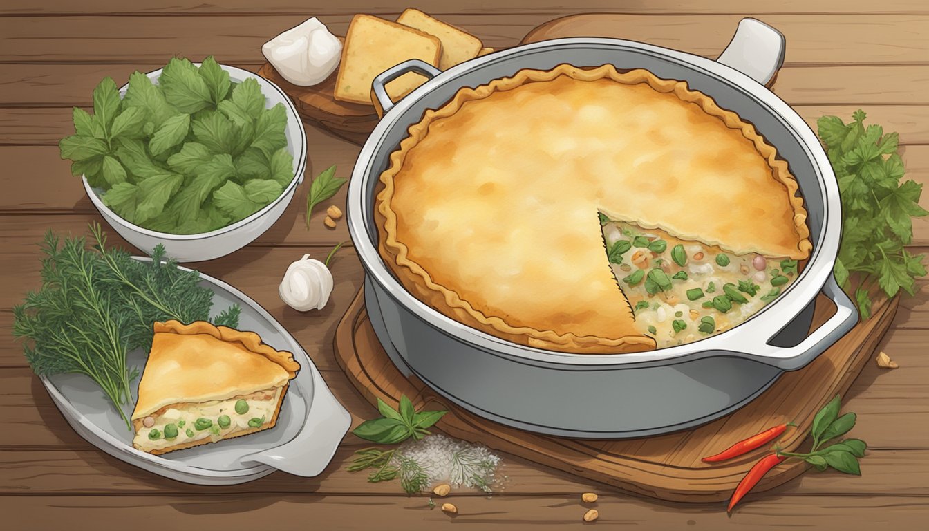 A steaming hot chicken pot pie sits next to a frozen lasagna on a rustic wooden table, surrounded by scattered herbs and spices