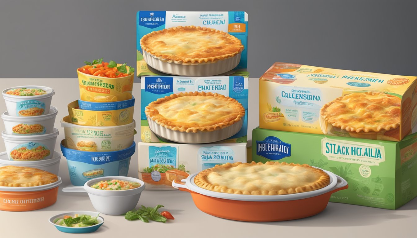 A steaming hot chicken pot pie and a frozen lasagna sit side by side on a kitchen counter, surrounded by colorful packaging and labels