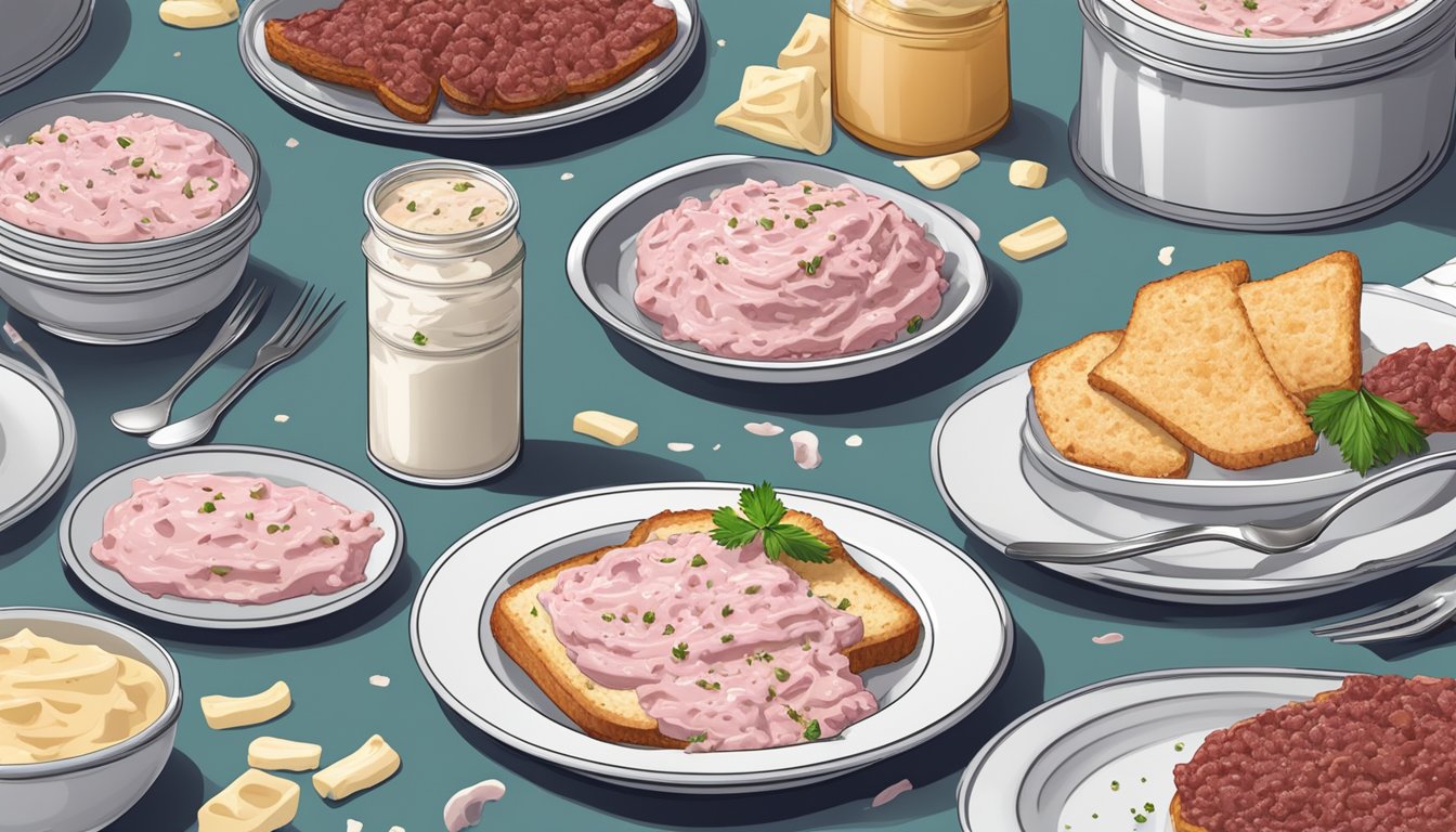 A table set with open cans of creamed chipped beef and deviled ham spread, surrounded by empty plates and a few scattered crumbs