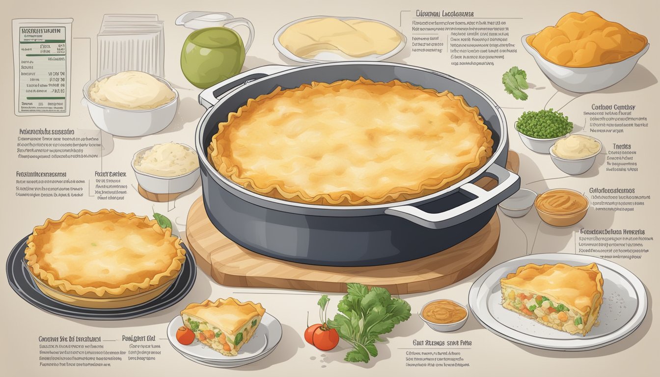 A table with a frozen lasagna and a chicken pot pie, surrounded by various ingredients and nutritional information labels