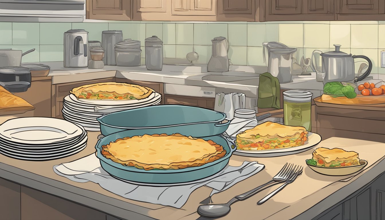 A frozen lasagna and a chicken pot pie sit on a kitchen counter, surrounded by empty plates and utensils. A disappointed frown is evident on the face of a person in the background