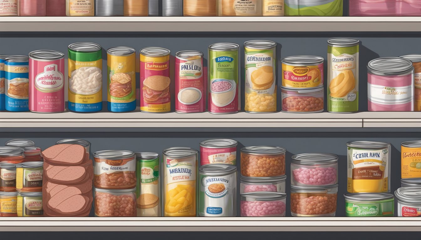 A cluttered pantry shelf with rows of canned goods, featuring creamed chipped beef and deviled ham spread