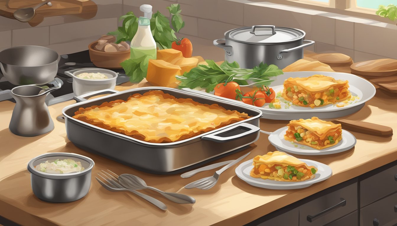 A steaming hot frozen lasagna and a golden-brown chicken pot pie sit on a countertop, surrounded by scattered cooking utensils and ingredients