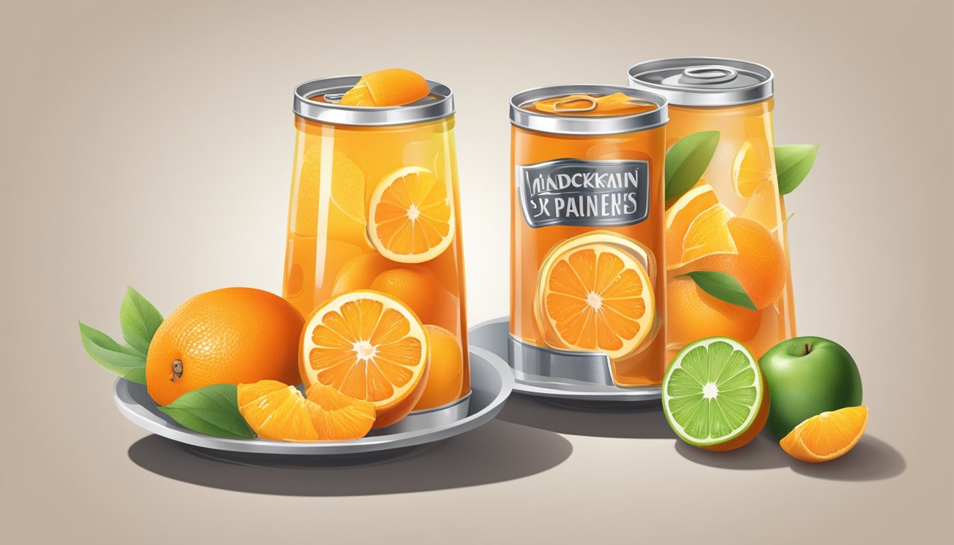 A table with two open cans, one filled with fruit cocktail and the other with mandarin oranges in syrup. The fruits are visible and the cans are labeled