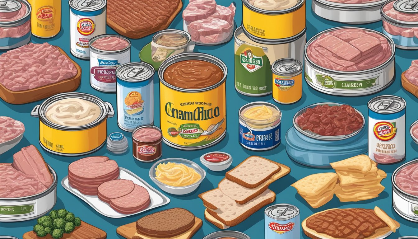 A table set with canned goods, including creamed chipped beef and deviled ham spread, surrounded by major brand logos