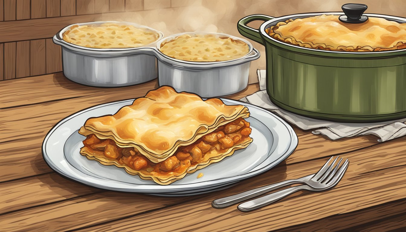 A steaming dish of frozen lasagna next to a golden-brown chicken pot pie on a rustic wooden table