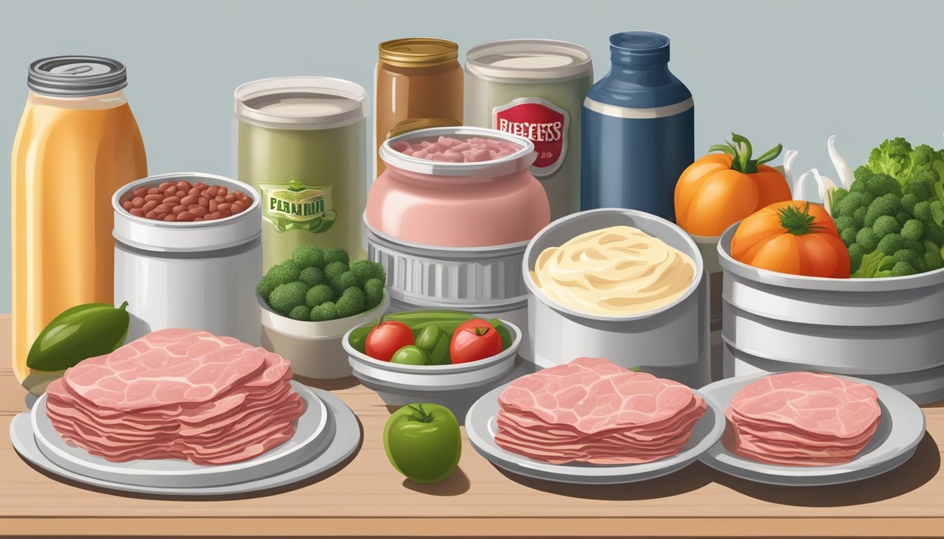 A pantry shelf with stacked cans of creamed chipped beef and deviled ham, surrounded by fresh produce and grains to illustrate a balanced diet