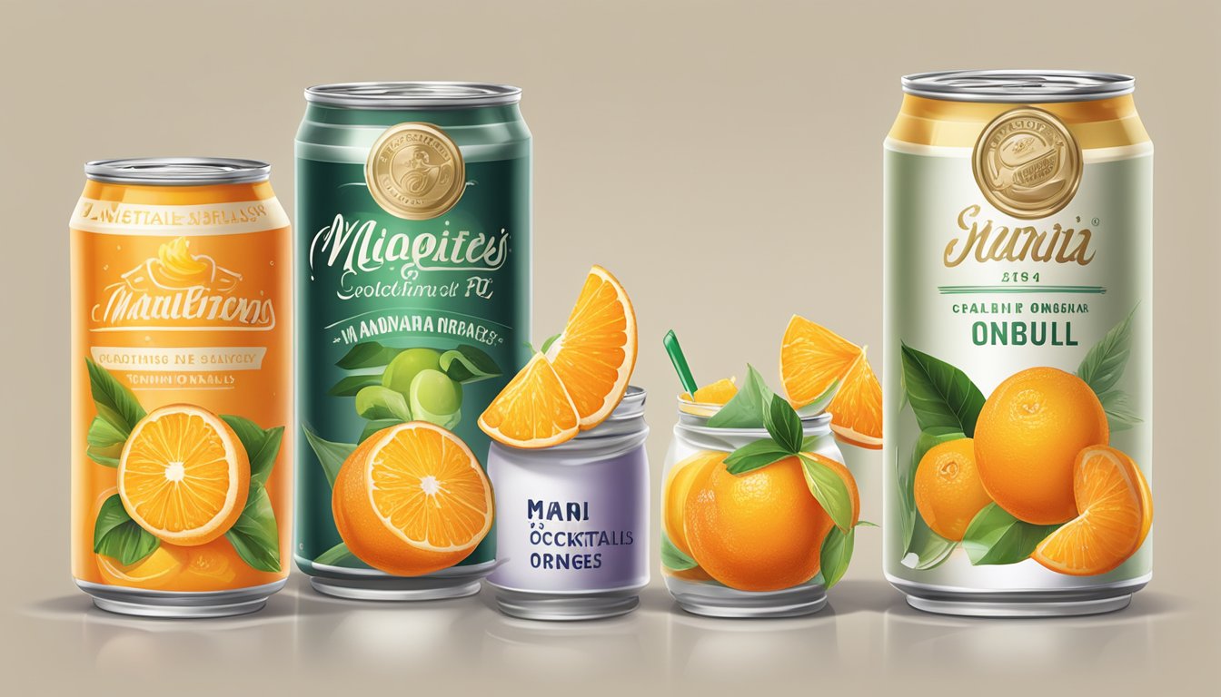 A variety of canned fruit cocktails and mandarin oranges in syrup arranged on a table for comparison