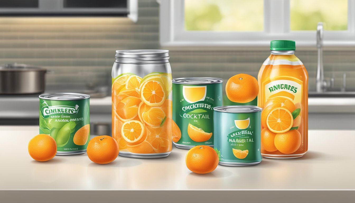 A comparison of canned fruit cocktail and mandarin oranges in syrup, with both products displayed side by side on a kitchen counter