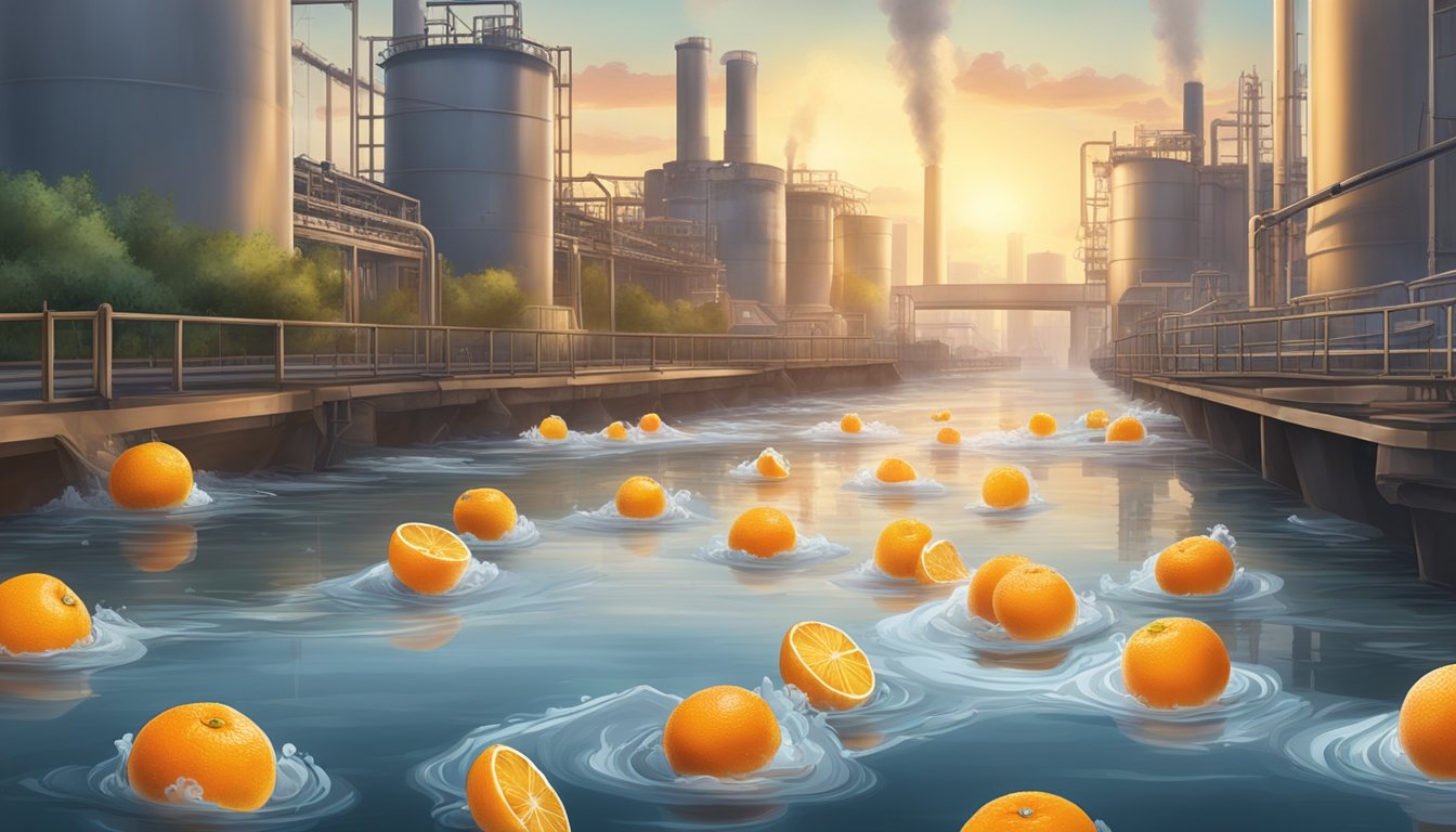 A factory emitting pollutants into a river, with cans of fruit cocktail and mandarin oranges in syrup floating in the contaminated water