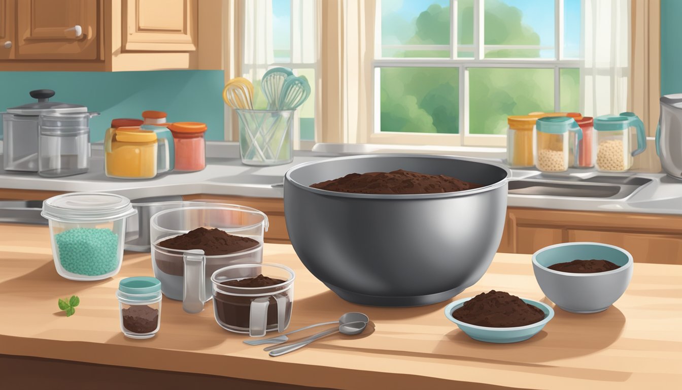 A kitchen counter with a mixing bowl, measuring cups, and ingredients for both packaged brownie mix and instant chocolate pudding