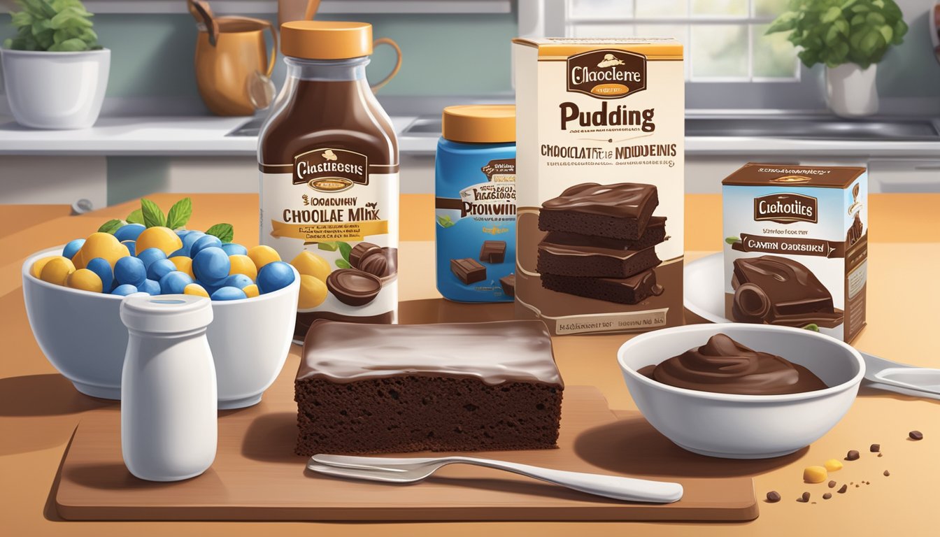 A comparison of a packaged brownie mix and instant chocolate pudding on a kitchen counter with various ingredients and utensils nearby