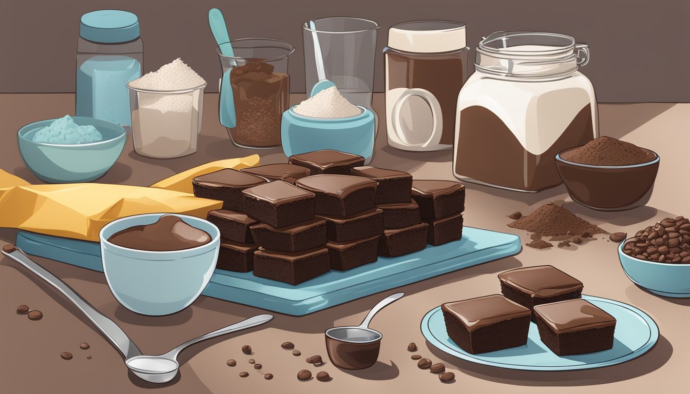 A kitchen counter with a box of brownie mix and a packet of instant chocolate pudding, surrounded by scattered measuring cups and spoons