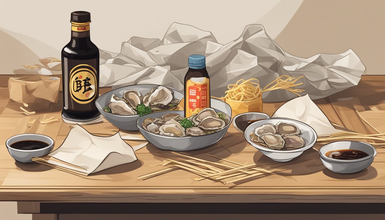 A table with two open bottles of hoisin and oyster sauce, surrounded by spilled noodles and a crumpled paper with a frowning face