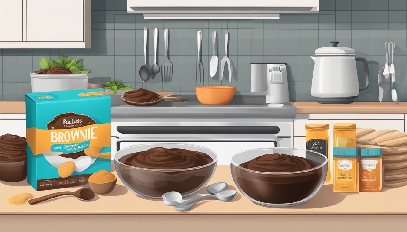 A kitchen counter with a variety of baking ingredients and utensils, including a box of brownie mix and a packet of instant chocolate pudding mix