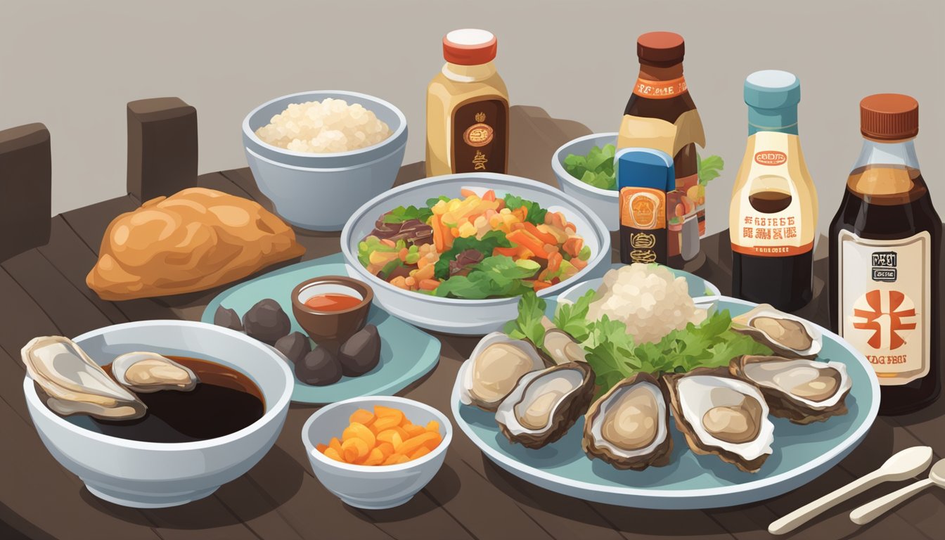 A table with various food items, including bottles of hoisin and oyster sauce, with a sign indicating dietary restrictions