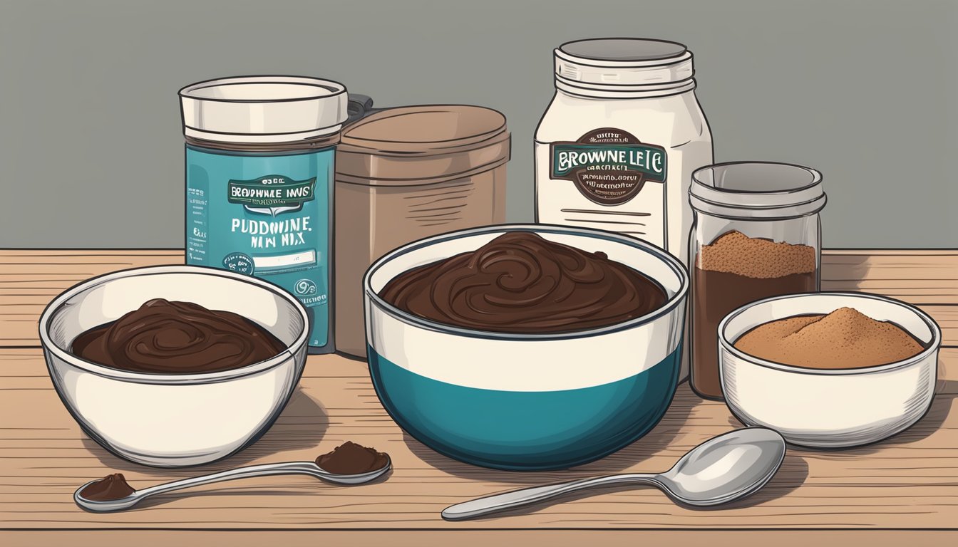 A kitchen counter with a box of packaged brownie mix and a bowl of instant chocolate pudding mix, surrounded by measuring cups and spoons