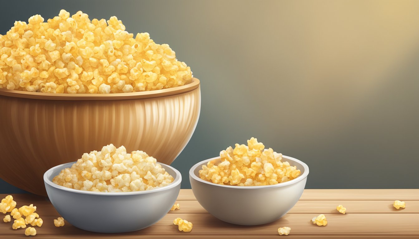 A table with a bowl of cheese-flavored popcorn next to a stack of packaged flavored rice cakes