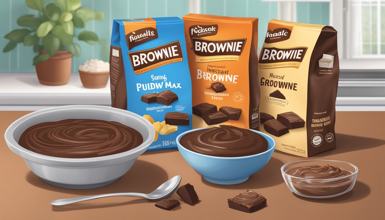 A comparison between a box of packaged brownie mix and a bowl of instant chocolate pudding, both sitting on a kitchen counter