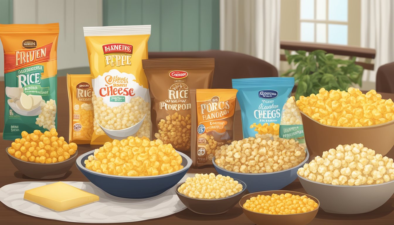 A table with a variety of snack foods: packaged flavored rice cakes next to a bowl of cheese-flavored popcorn