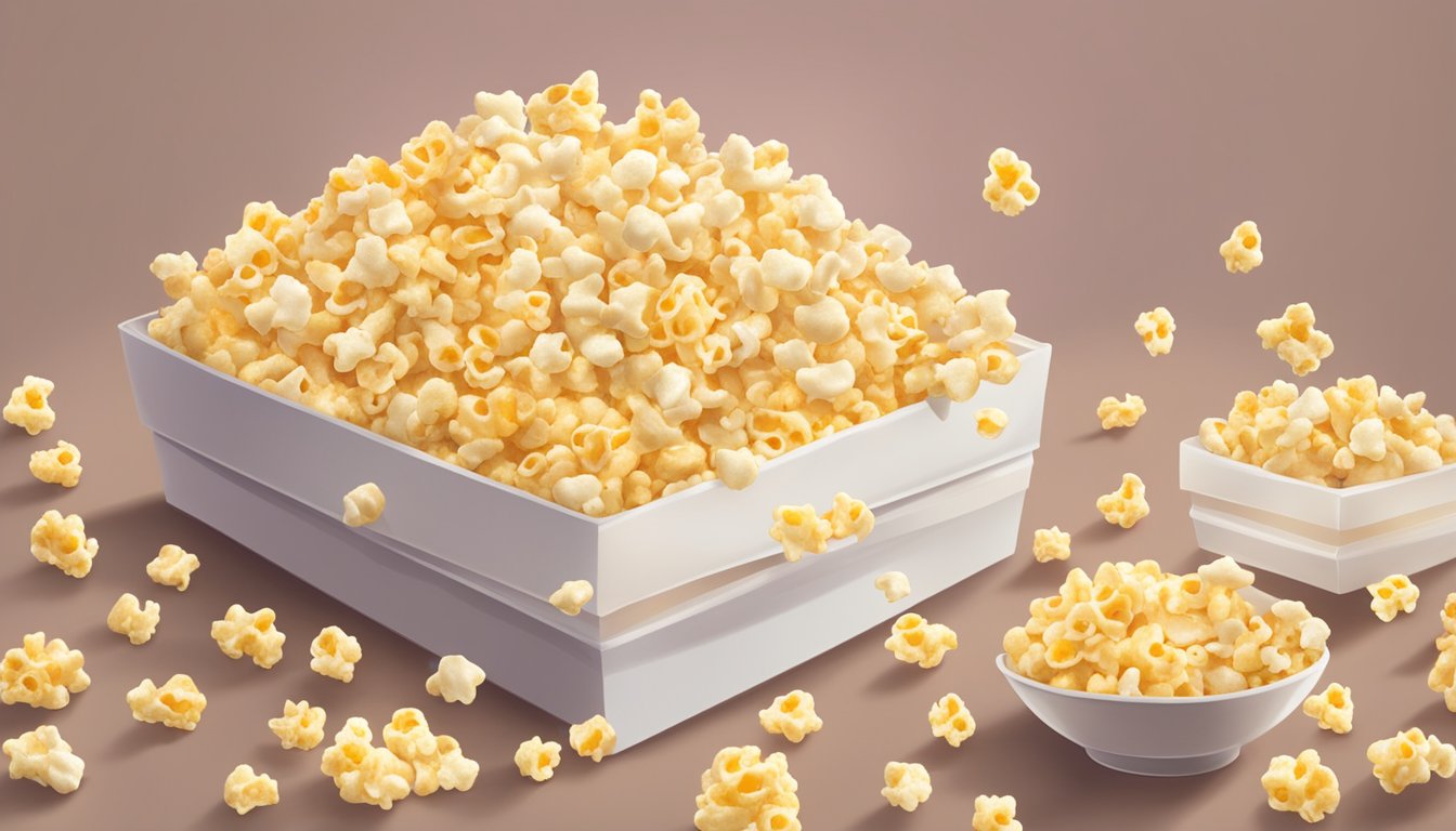 A table covered in opened packages of rice cakes and cheese-flavored popcorn, with scattered kernels and crumbs