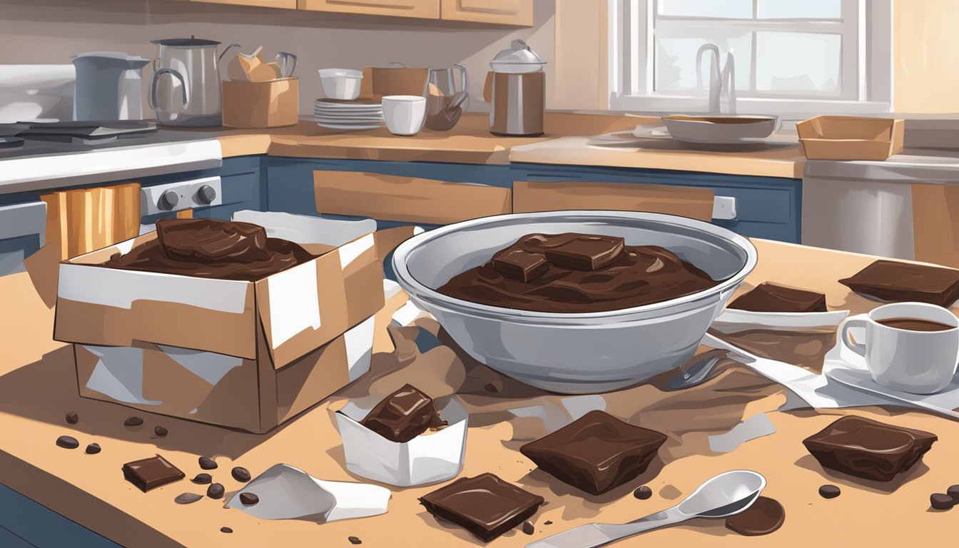 A messy kitchen counter with spilled brownie mix and open chocolate pudding boxes