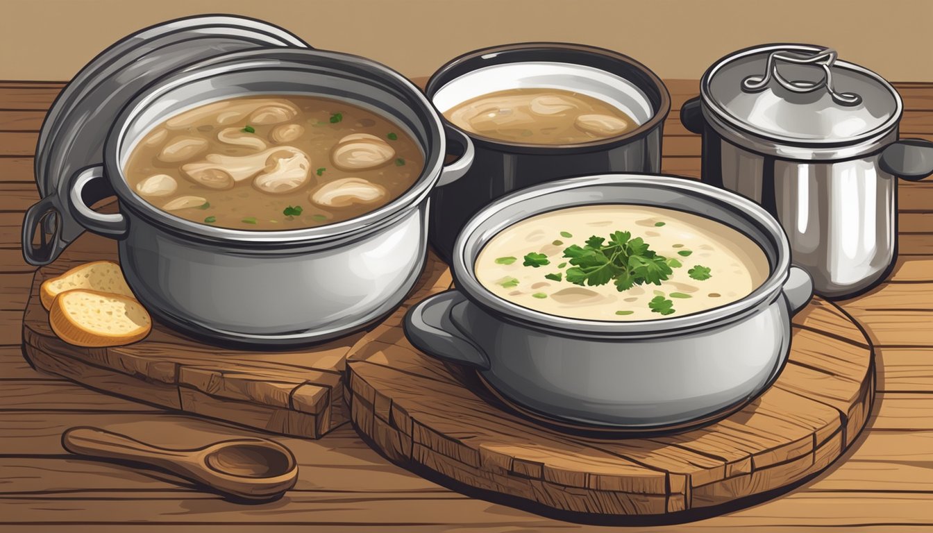 A simmering pot of canned cream of mushroom soup next to a steaming bowl of French onion soup on a rustic wooden table