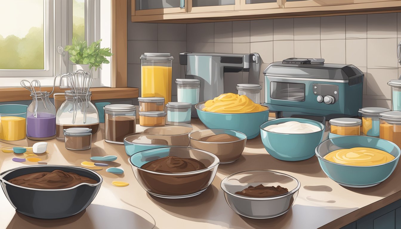 A kitchen counter with open boxes of brownie mix and instant pudding, surrounded by scattered measuring cups and mixing bowls