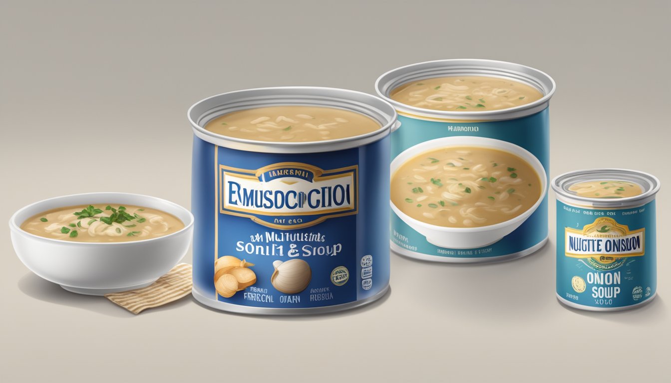 A steaming bowl of canned cream of mushroom soup next to a bowl of French onion soup, with a nutrition label visible on each can