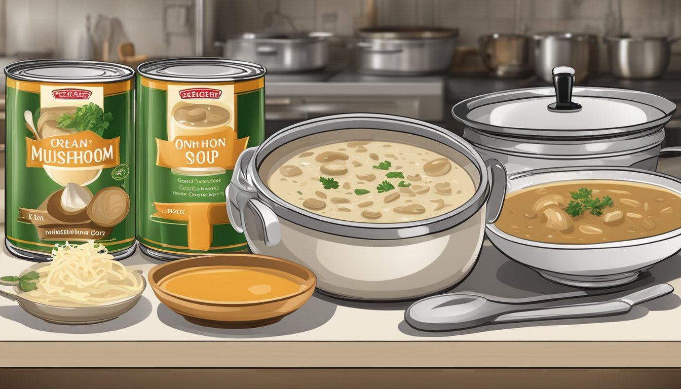 A comparison of canned cream of mushroom soup and French onion soup in a kitchen setting with ingredients and cooking utensils