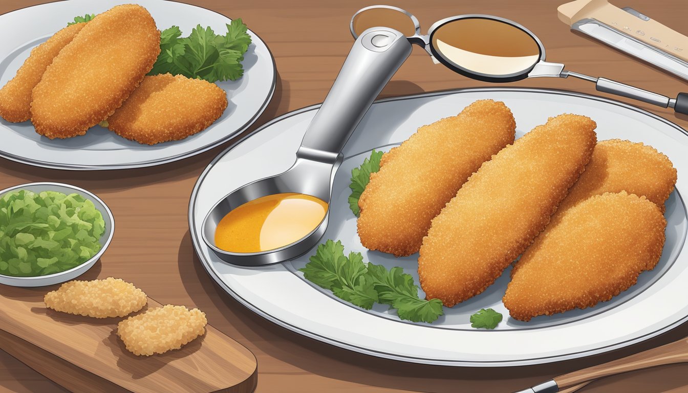 A plate with frozen chicken fingers and breaded veal cutlets, side by side, with a magnifying glass examining their texture and appearance