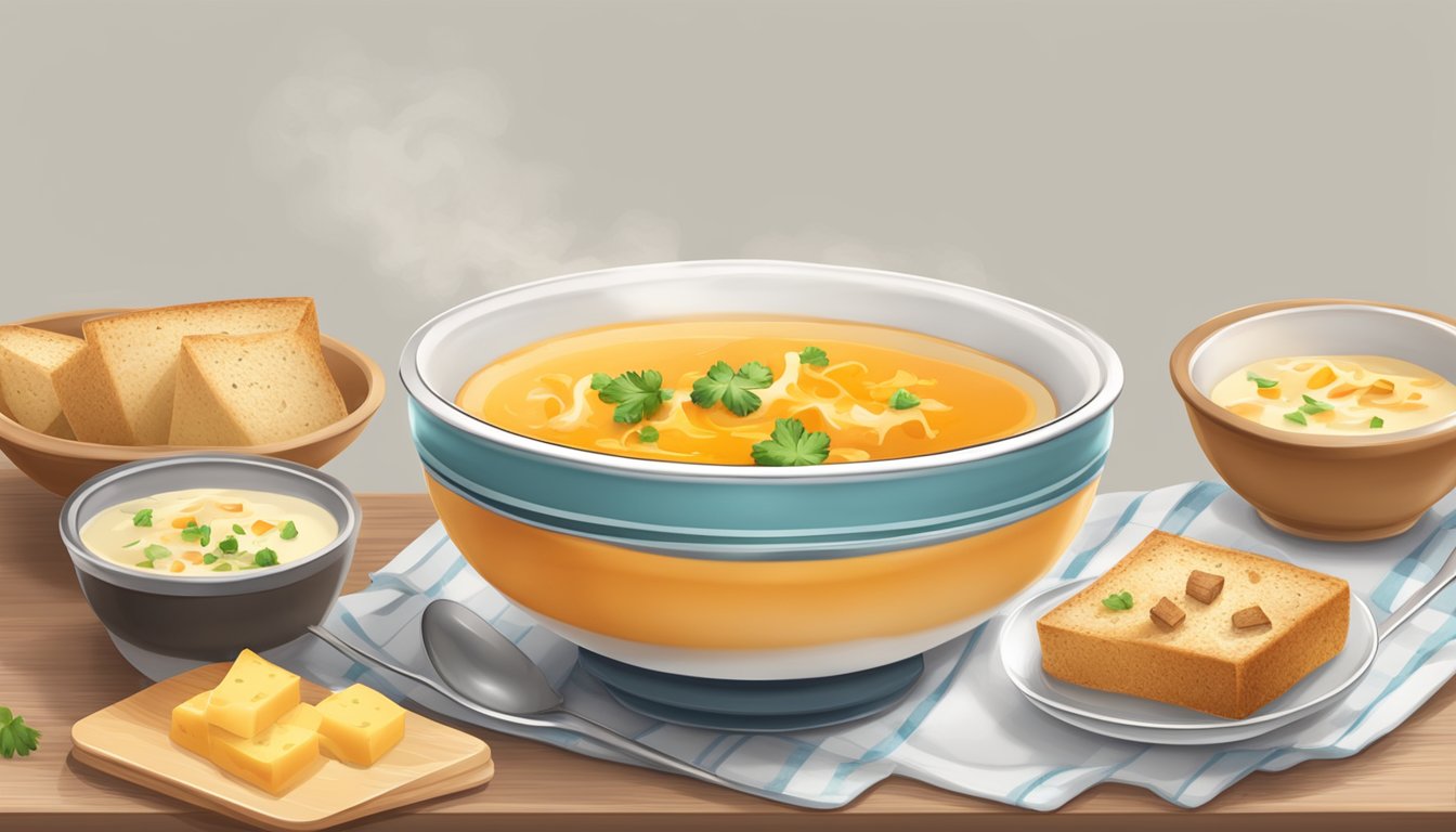 A table set with two steaming bowls of soup, one creamy and the other topped with melted cheese and croutons