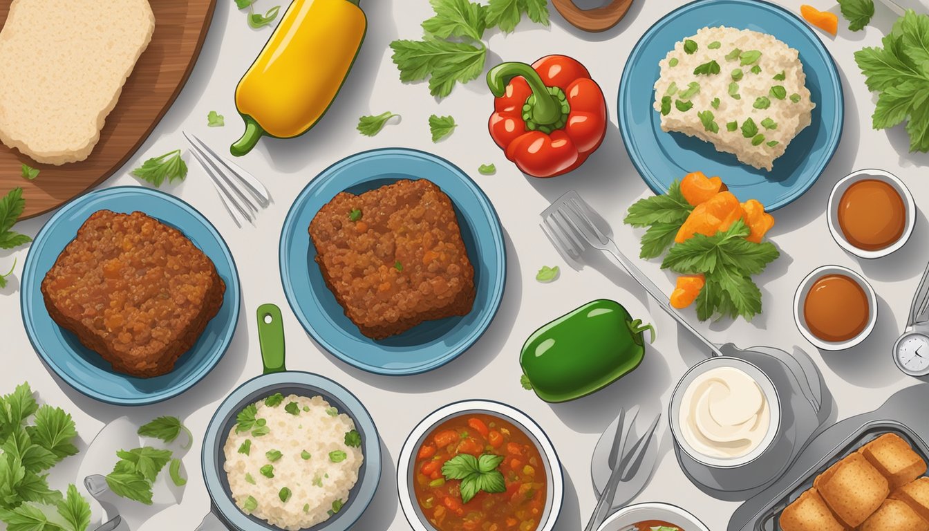 A plate with frozen stuffed peppers next to a pre-made meatloaf, surrounded by various cooking utensils and ingredients