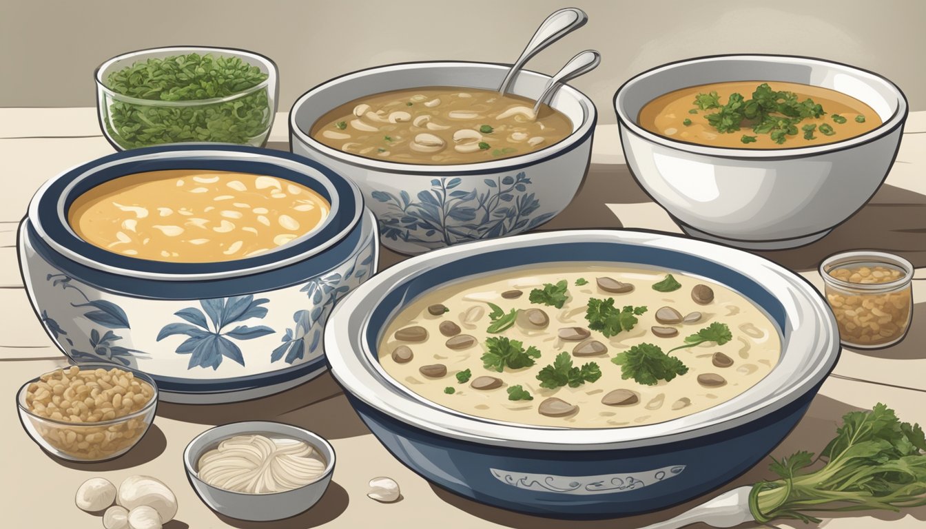 A table with two bowls of soup, one labeled "Canned cream of mushroom" and the other "French onion." Surrounding the bowls are various ingredients and alternative dietary options