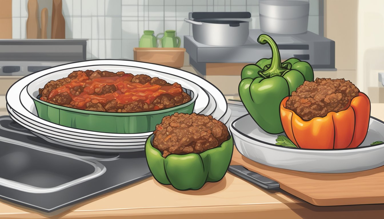 A plate with frozen stuffed peppers and pre-made meatloaf, both partially cooked and steaming on a kitchen counter