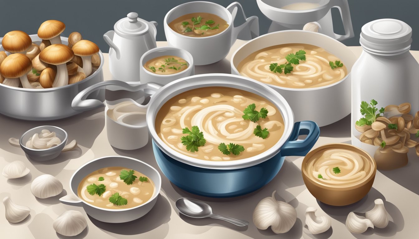 A kitchen counter with cans of cream of mushroom and French onion soup, surrounded by fresh mushrooms and onions