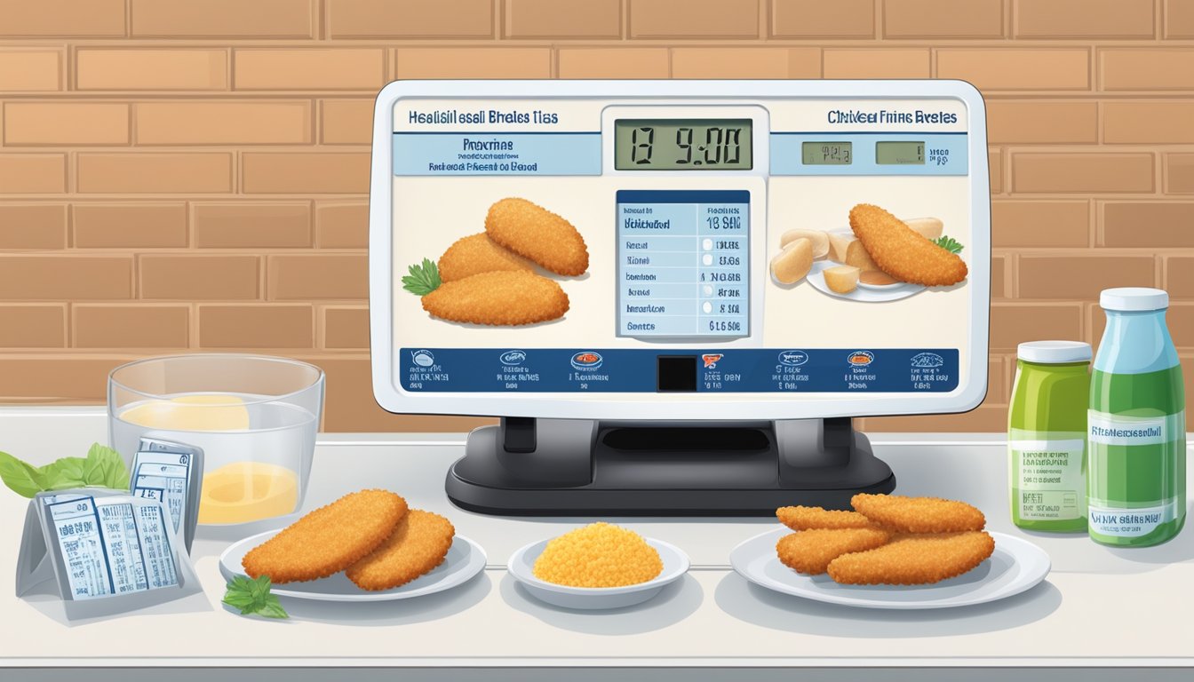 A comparison of frozen chicken fingers and breaded veal cutlets on a scale, with nutritional labels and health-related symbols in the background